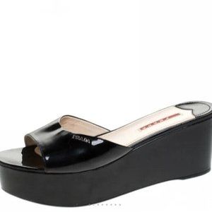 PRADA Black Patent Leather Open Toe Sandals Platform Women's 37/7